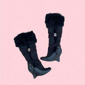 Baby Phat “Odessa” Black Studded Fur Winter Heel Boots